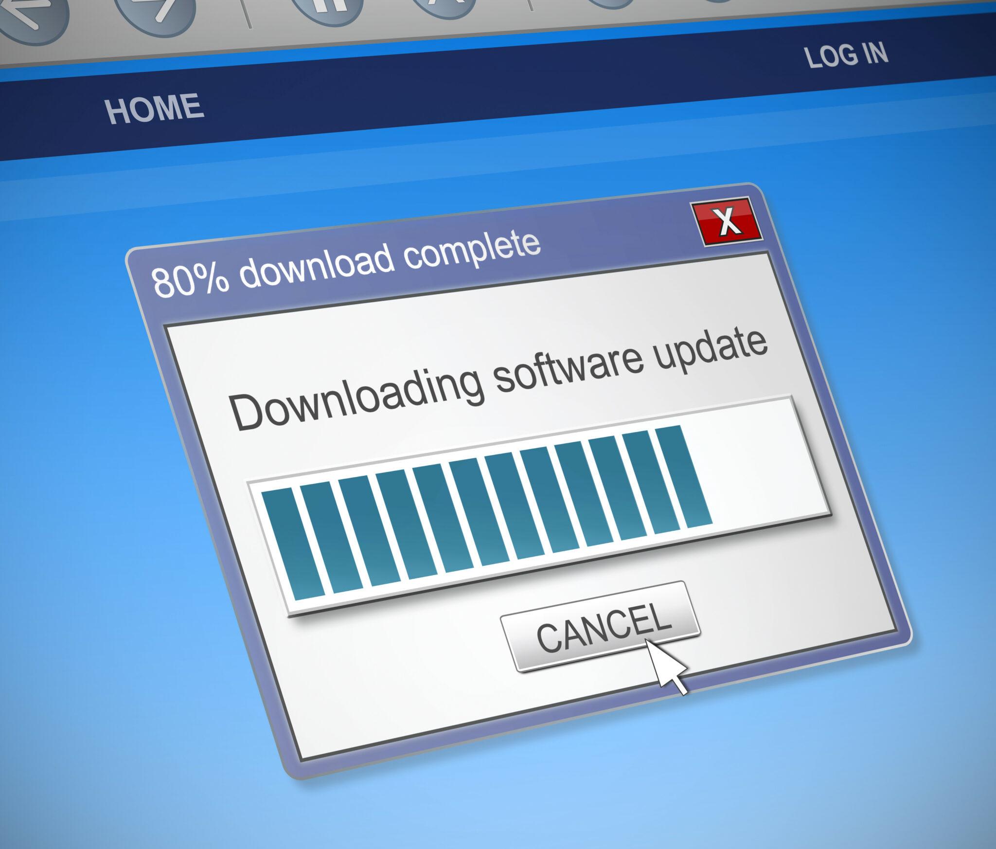 A computer screen displaying a progress window showing '80% download complete' for a software update, with a visible progress bar and a 'CANCEL' button being hovered over by a cursor. The interface has a classic, simple design with a bright blue background.