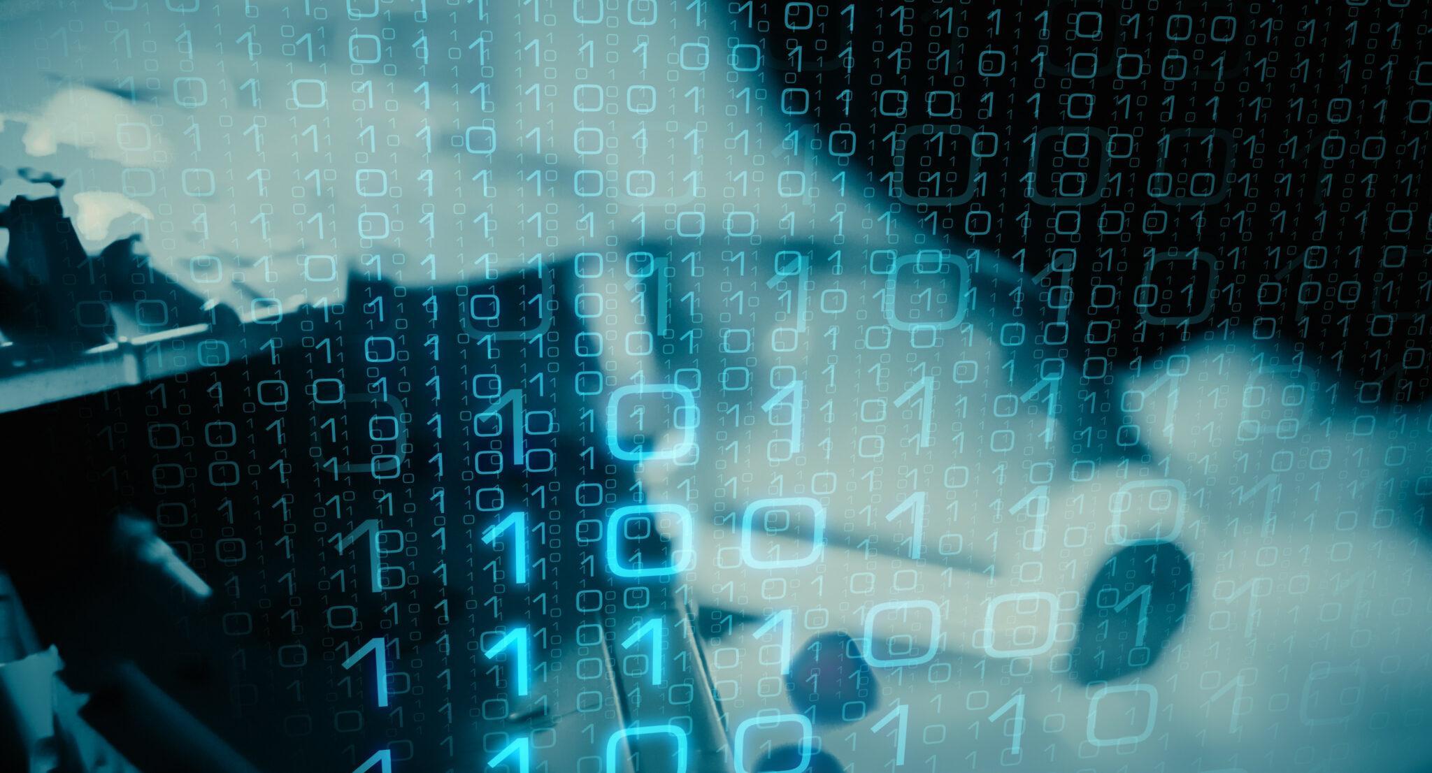An abstract image overlaying binary code (1s and 0s) on a blurred background featuring a keyboard and hands, symbolizing cybersecurity, data encryption, or digital technology.