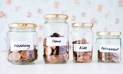 Four different budget jars: Wedding, Home, Kids and Retirement.