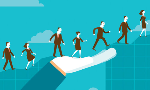 Illustration of business men and woman climbing up a chart/corporate ladder.