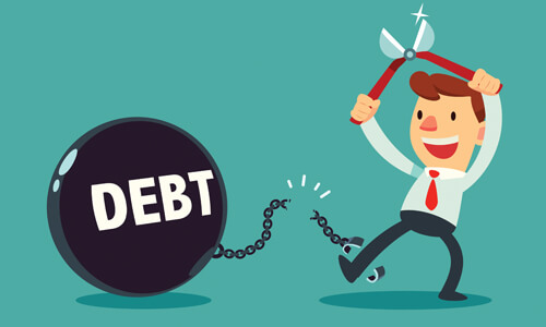 Illustration of man cutting a ball and chain shackled to his feet; "debt" written on ball, showing he is now debt-free.
