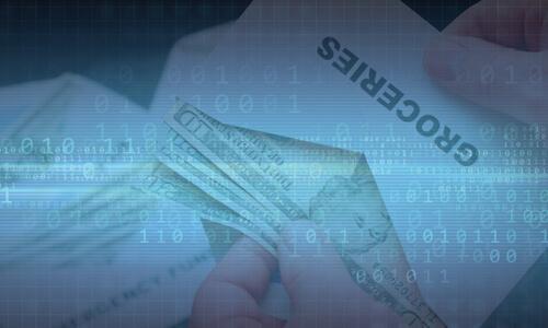 An envelope labeled "groceries" with cash in it, with 1's and 0's in the background: conceptualizing the digital envelope budgeting system.