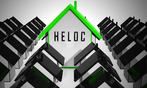 Illustration of home rooftops, with a home titled HELOC with a green root displayed.
