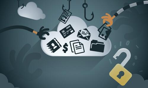 Illustration of personal identification icons and hands trying to steal items; identity theft concept.