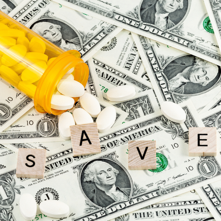 The letters "SAVE" on top of dollar bills and prescription pills.