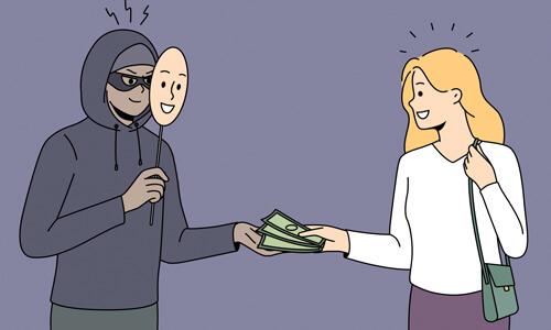 P2P Scam illustration depicting a disguised scammer wearing a mask taking money from an unsuspecting victim.