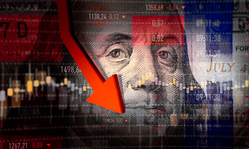 Dollar-bill Benjamin Franklin portrait superimposed with stock market graph and downward arrow, illustrating recession and a bear market.