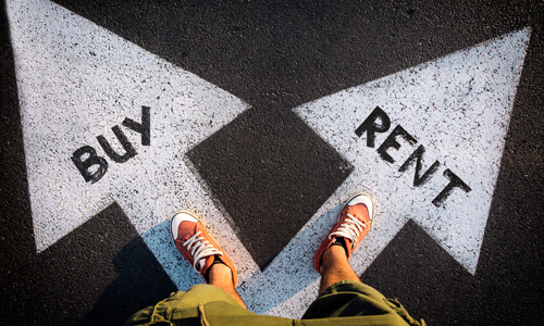 Feet standing at fork in road: an arrow to "buy" and an arrow to "rent."