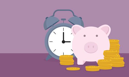 Retirement Planning Changes 2024 concept: Piggy with alarm clock and coins.