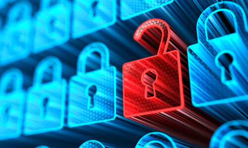 Rows of blue digital padlocks, and one red one.