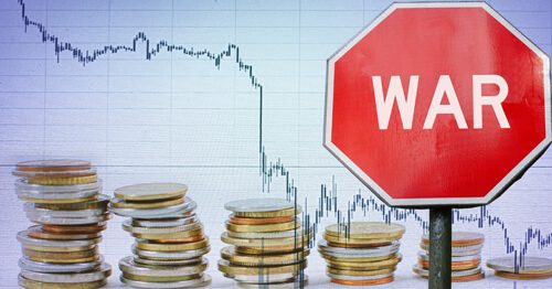 War stop sign with stock market and currency, conceptual graphic.
