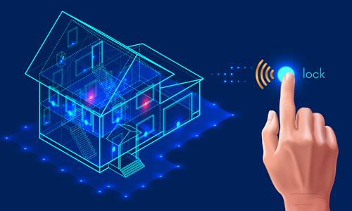Security system of smart home. 3d house plan x-ray. Control locks the doors and windows over the internet with smartphone application