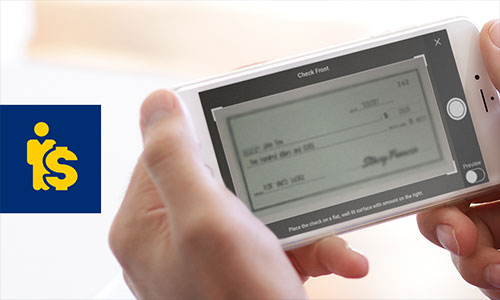 Mobile device taking a picture of a check for deposit.