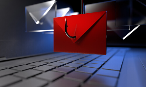 A red envelope handing from a fishing hook, illustrating the concept of phishing and cybersecurity.