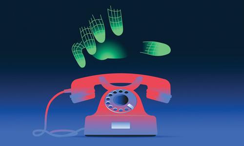 Green glowing hand going to make a phone call. Voice cloning, using artifical inelligence in spoofing and fraud concept.