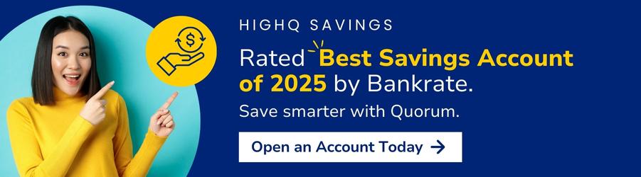 Best Savings Account of 2025 ad with a woman eagerly checks her cell phone for her HighQ savings balance.