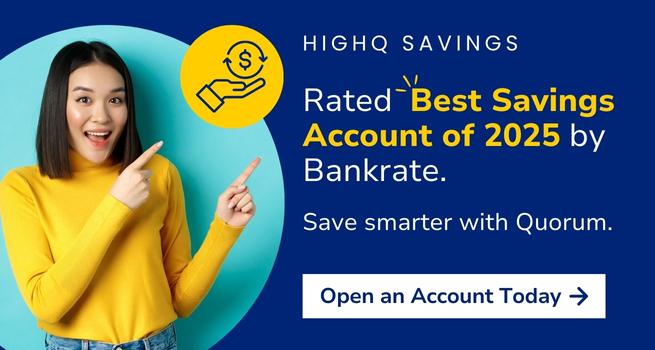 Best Savings Account of 2025 ad with a woman eagerly checks her cell phone for her HighQ savings balance.