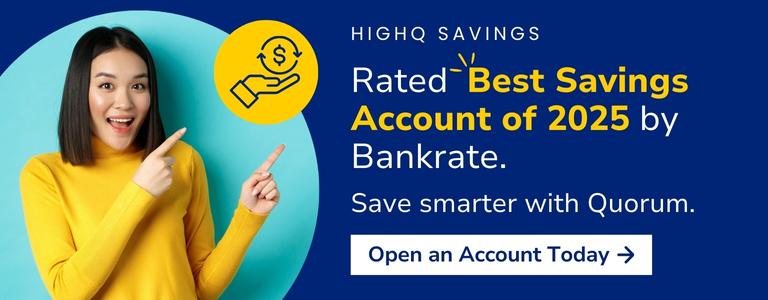 Best Savings Account of 2025 ad with a woman eagerly checks her cell phone for her HighQ savings balance.